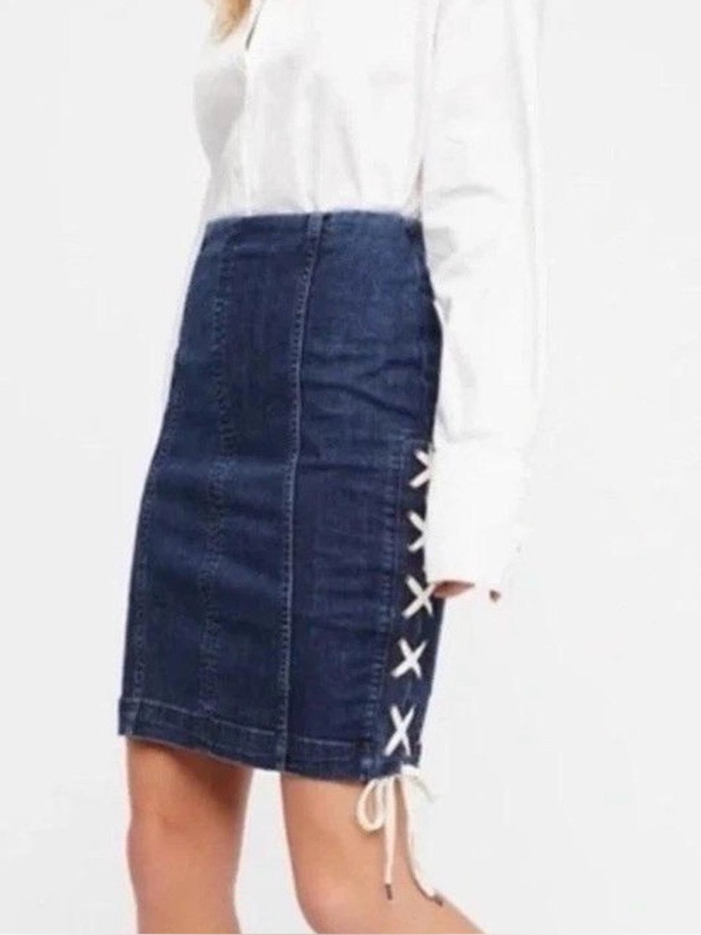 Free People Dark Denim Lace-Up Side Pencil Skirt Size 8